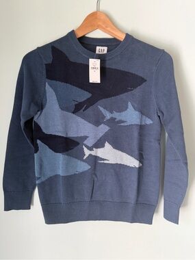 Gap Kids Shark Intarsia Sweater Boys M 8-9 Blue 100% Cotton NWT